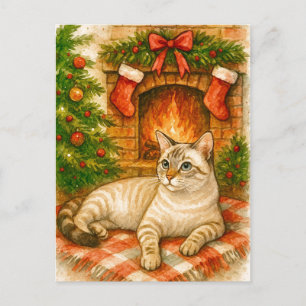 Cozy Christmas Cat by Fireplace Postcard