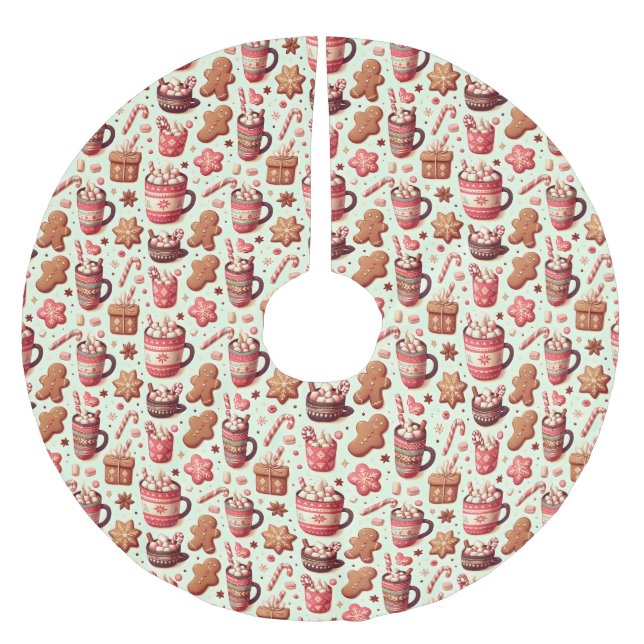 Cozy Christmas Cocoa and Gingerbread Pattern Brushed Polyester Tree Skirt (Front)