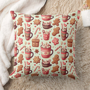 Cozy Christmas Cocoa and Gingerbread Pattern Cushion