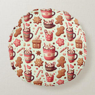 Cozy Christmas Cocoa and Gingerbread Pattern Round Cushion