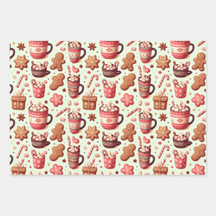 Cozy Christmas Cocoa and Gingerbread Pattern Wrapping Paper Sheet