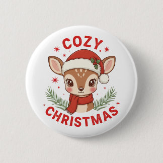 Cozy Christmas Cute Deer with Santa Hat 6 Cm Round Badge