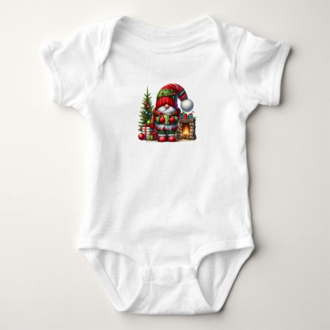 Cozy Christmas Gnome Art – Festive Holiday Baby Bodysuit (Front)
