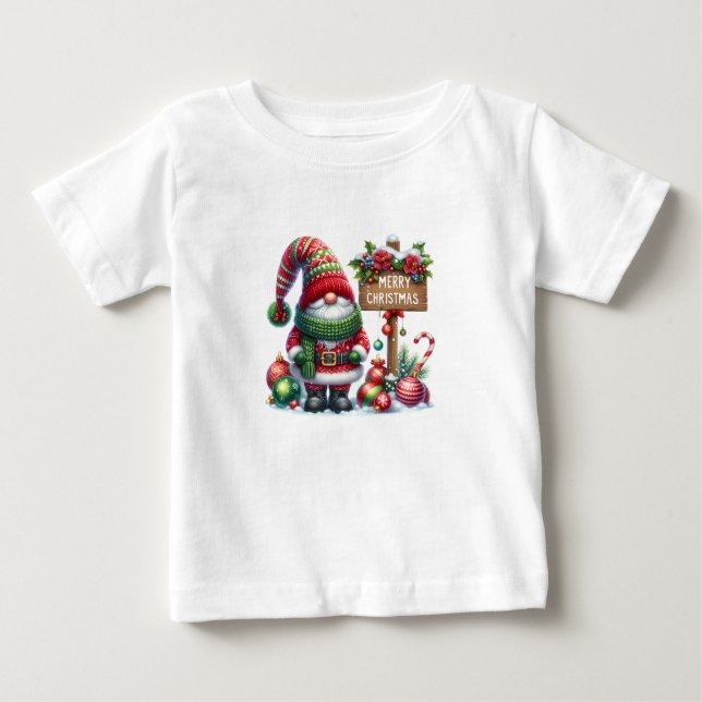 Cozy Christmas Gnome Art – Festive Holiday Baby T-Shirt (Front)