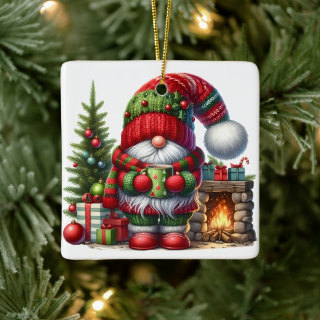 Cozy Christmas Gnome Art – Festive Holiday Ceramic Ornament (Tree)
