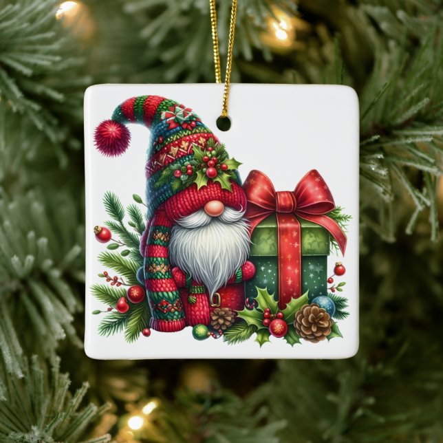 Cozy Christmas Gnome Art – Festive Holiday Ceramic Ornament (Tree)