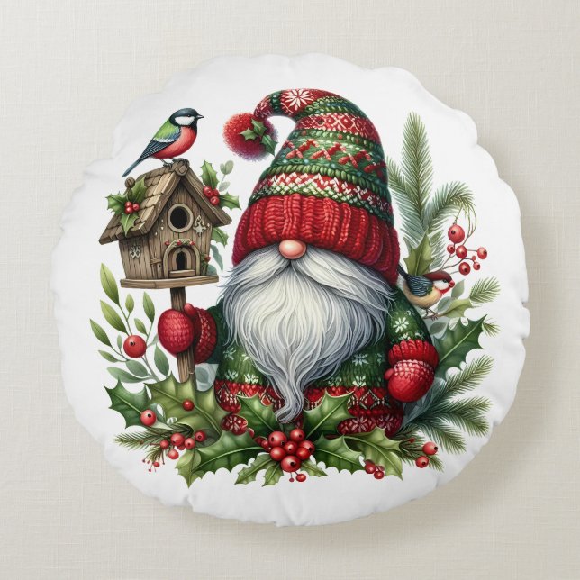 Cozy Christmas Gnome Art – Festive Holiday Round Cushion (Front)