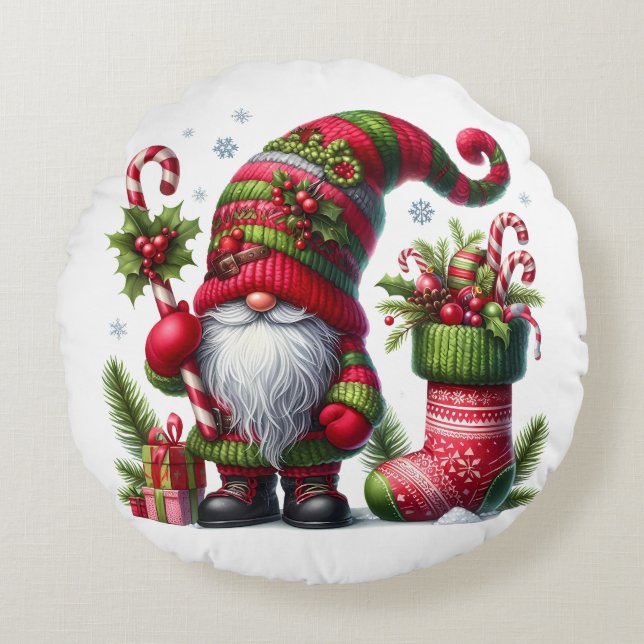 Cozy Christmas Gnome Art – Festive Holiday Round Cushion (Front)