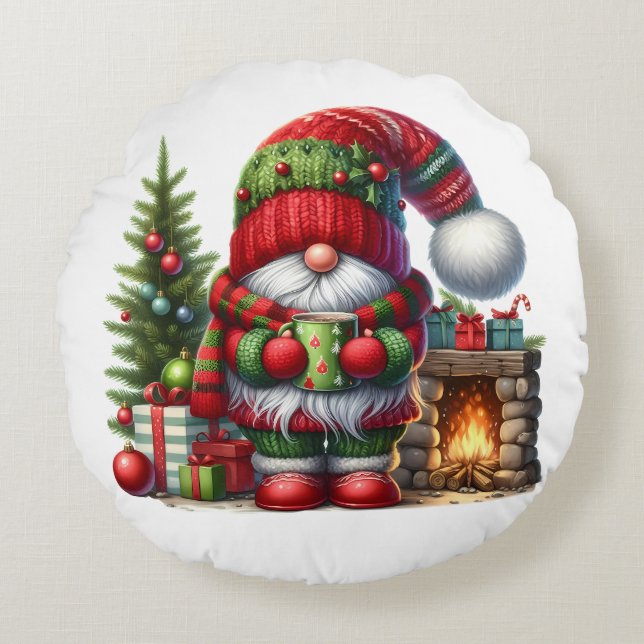 Cozy Christmas Gnome Art – Festive Holiday Round Cushion (Front)
