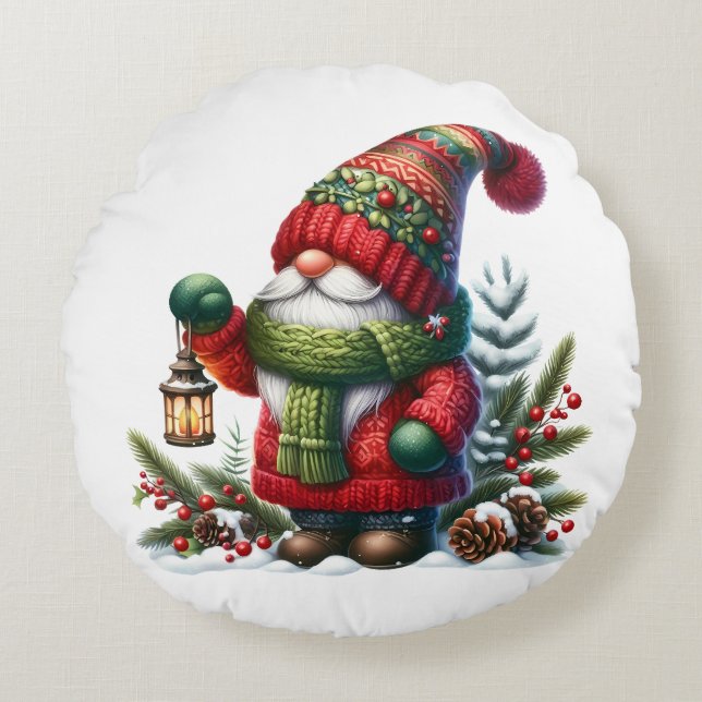Cozy Christmas Gnome Art – Festive Holiday Round Cushion (Front)