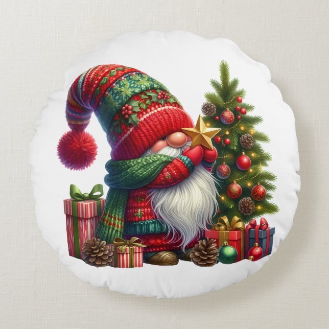 Cozy Christmas Gnome Art – Festive Holiday Round Cushion (Front)
