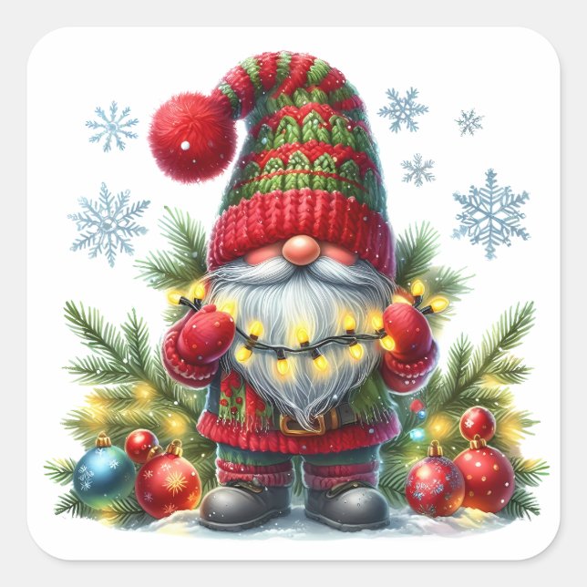 Cozy Christmas Gnome Art – Festive Holiday Square Sticker (Front)