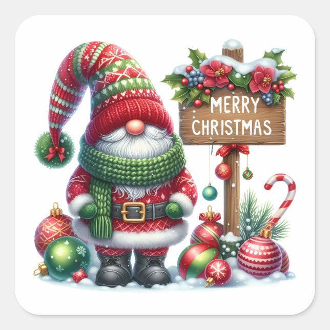 Cozy Christmas Gnome Art – Festive Holiday Square Sticker (Front)