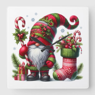 Cozy Christmas Gnome Art – Festive Holiday Square Wall Clock