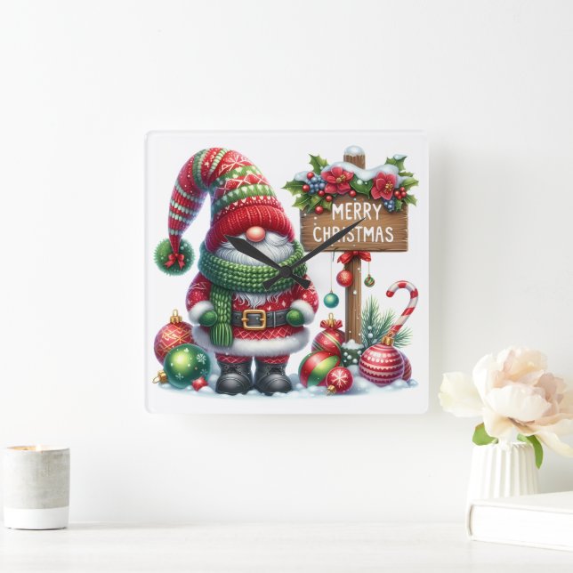 Cozy Christmas Gnome Art – Festive Holiday Square Wall Clock (Home)
