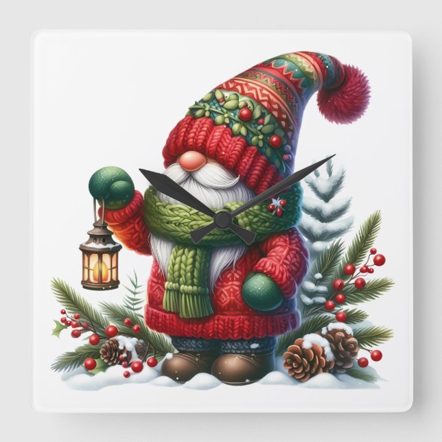Cozy Christmas Gnome Art – Festive Holiday Square Wall Clock (Front)