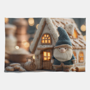 Cozy Christmas Gnome with Gingerbread House Tea Towel
