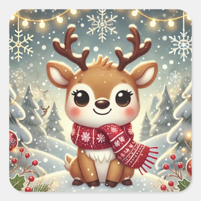 Cozy Christmas Reindeer in a Winter Wonderland Square Sticker (Front)