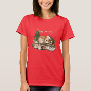 Cozy Christmas Sleeping Puppy & Books Vintage  T-Shirt