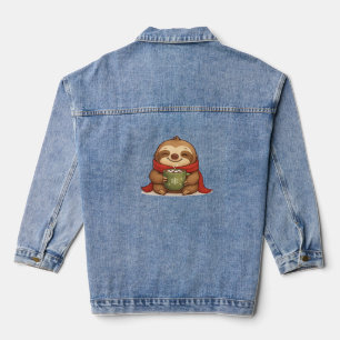 Cozy Christmas Sloth with Hot Chocolate – Cute Win Denim Jacket
