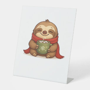 Cozy Christmas Sloth with Hot Chocolate � Cute Win Pedestal Sign