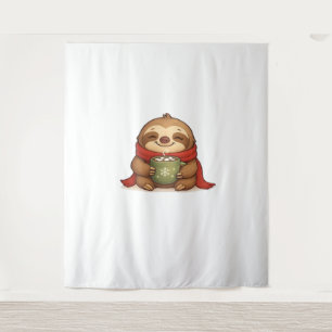 Cozy Christmas Sloth with Hot Chocolate – Cute Win Tapestry
