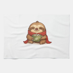 Cozy Christmas Sloth with Hot Chocolate � Cute Win Tea Towel