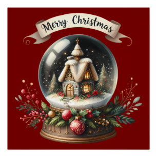 Cozy Christmas Snow Globe Cottage Scene Poster