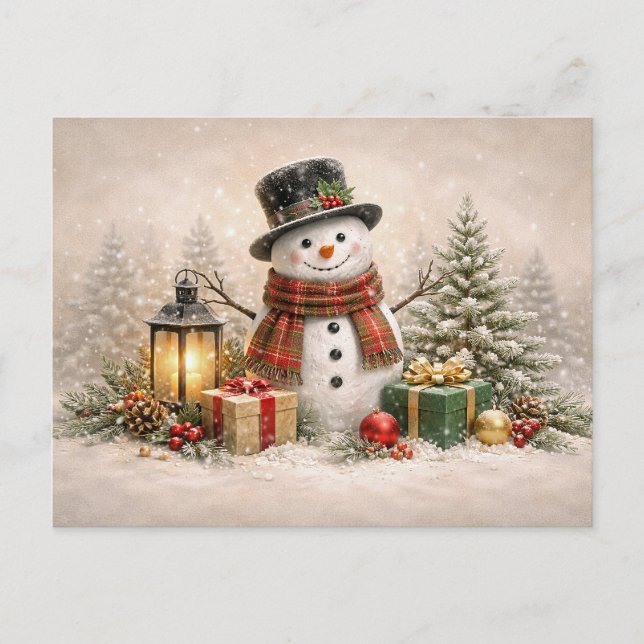 Cozy Christmas Snowman with Lantern and Gifts Holiday Postcard (Front)
