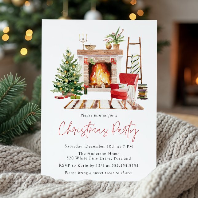 Cozy Christmas Tree and Fireplace Christmas Party Invitation (Creator Uploaded)