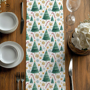 Cozy Christmas Trees Red Green Gold Table Runner