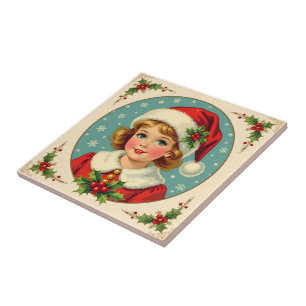 Cozy Christmas Victorian Cute Girl Ceramic Tile