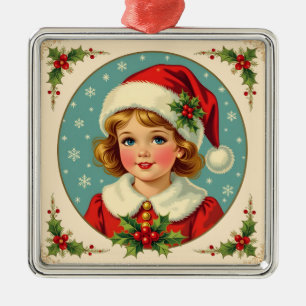 Cozy Christmas Victorian Cute Girl Metal Ornament