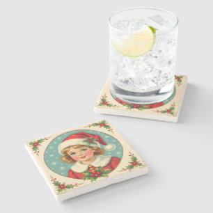 Cozy Christmas Victorian Cute Girl Stone Coaster