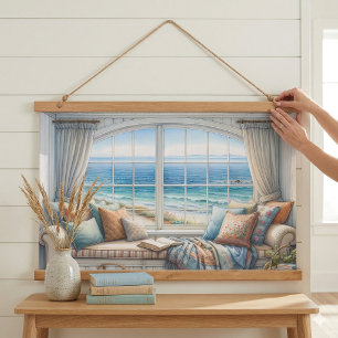 Cozy Coastal Window Seat Cottagecore Hanging Tapestry