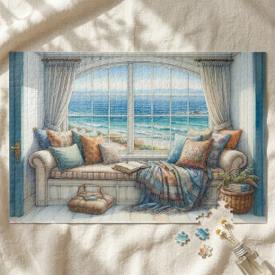Cozy Coastal Window Seat Cottagecore Jigsaw Puzzle