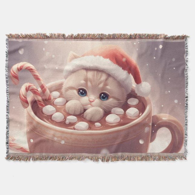 “Cozy Cocoa Kitty" Cute Christmas Cat  Throw Blanket (Front)