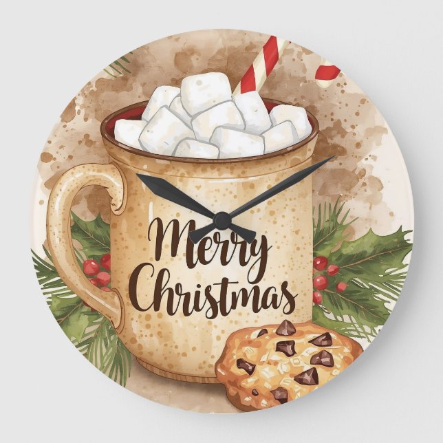 Cozy cocoa merry christmas holly cookie festive large clock (Front)
