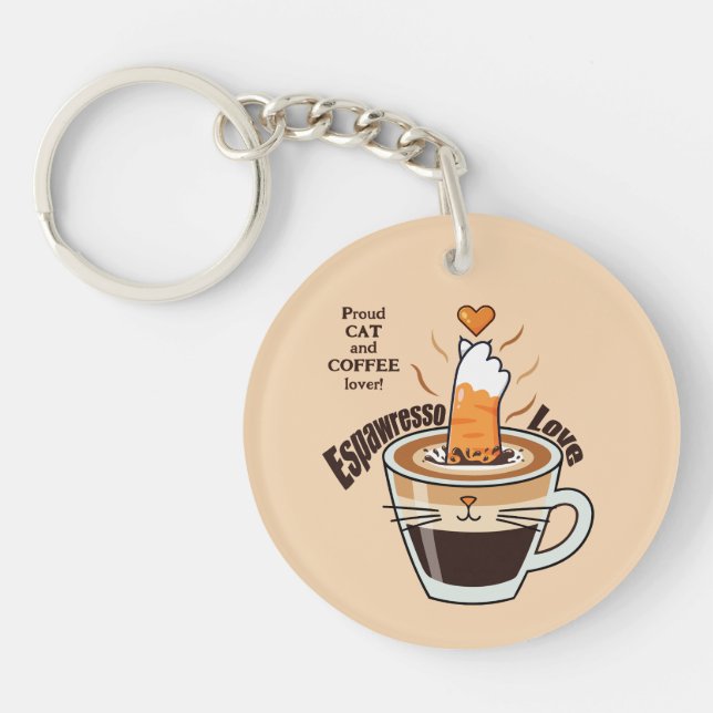 Cozy Coffee and Funny Cat Theme Rustic Custom Key Ring (Front)