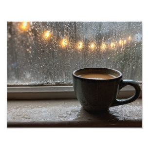 Cozy Coffee Cup Rainy Window Lights Scene Photo Print
