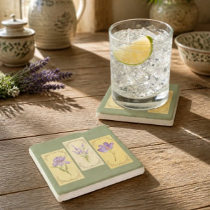 Cozy Cottagecore Sage Green & Yellow Floral Wood Stone Coaster