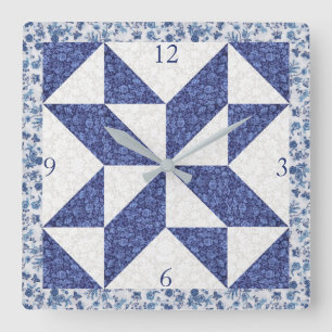 Cozy Country Blue White Calico Faux Quilt Square Square Wall Clock