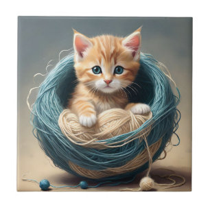 "Cozy Cuddles: The Kitten's Wooly Retreat" Ceramic Tile