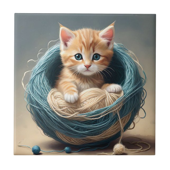 "Cozy Cuddles: The Kitten's Wooly Retreat" Ceramic Tile (Front)