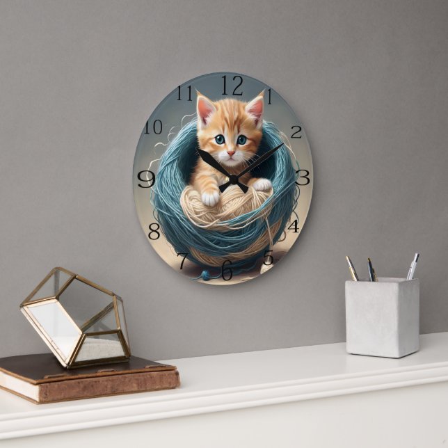 "Cozy Cuddles: The Kitten's Wooly Retreat" Large Clock (Office)