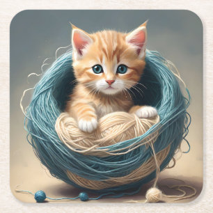 "Cozy Cuddles: The Kitten's Wooly Retreat" Square Paper Coaster