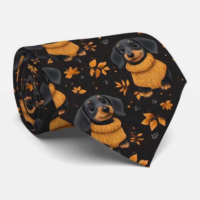 Cozy Dachshund Autumn Pattern - Dog Lovers Design Tie (Rolled)