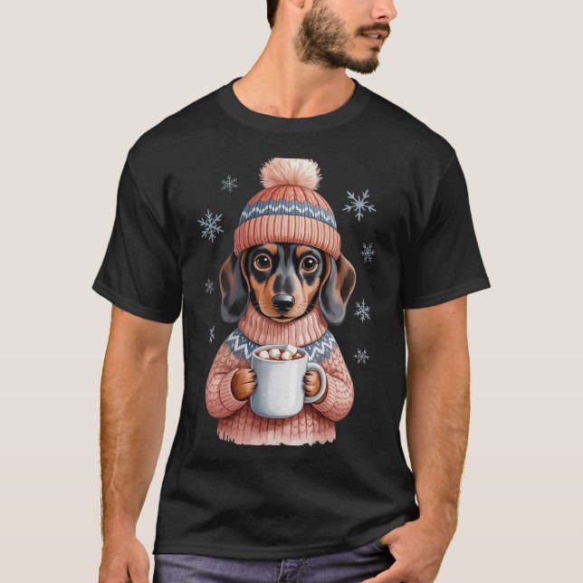 Cozy Dachshund Dog With Hot Cocoa Holiday Winter S T-Shirt (Front)