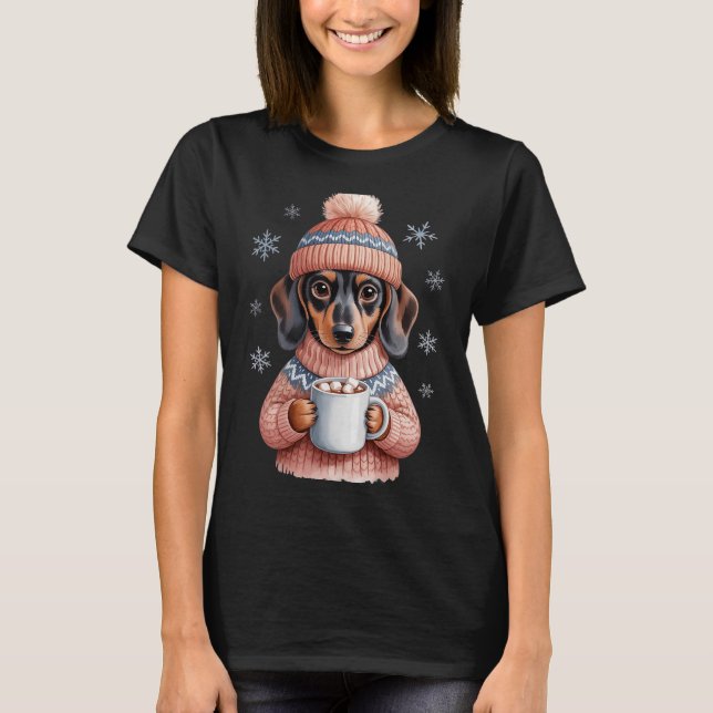 Cozy Dachshund Dog With Hot Cocoa Holiday Winter S T-Shirt (Front)