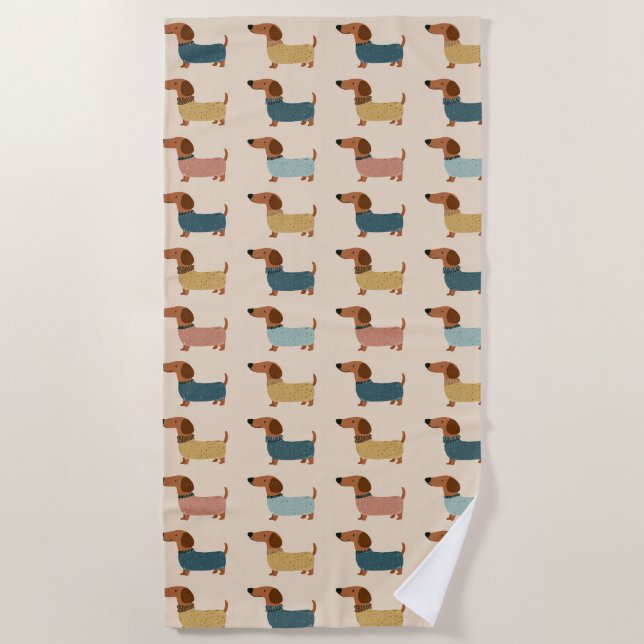 Cozy Dachshund Sweater Pattern Beach Towel (Front)